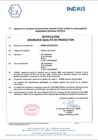Certificat Assurance qualité ATEX